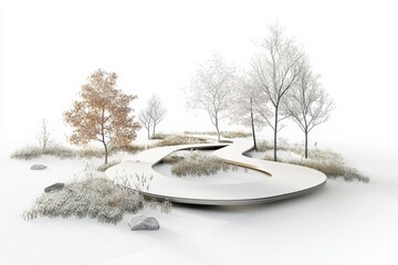 Poster - Landscape Architecture, a garden and outdoor space with natural elements and pathways, set against a white background, single object