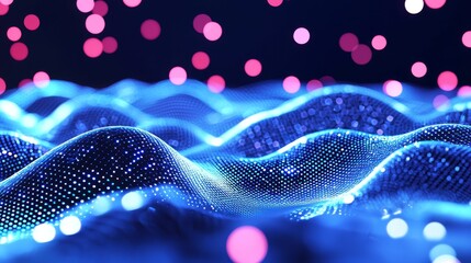 Aufkleber - the wave of digital weave lines connecting network dots on a dark background shows futuristic comput