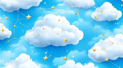 Stock Illustration of watercolor clouds, stars, and constellations in shades of blue