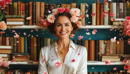 Wall Mural - Joyful female teacher in a vibrant office surrounded by books and whimsical flying flowers, celebrating Teachers Day and the spirit of back-to-school.