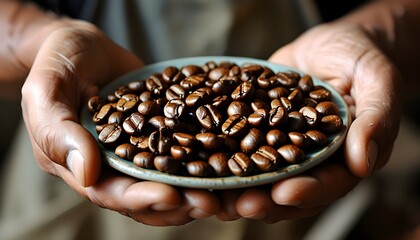 Wall Mural - Celebrating International Coffee Day with roasted coffee beans in hand