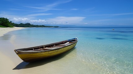 Canvas Print - Wooden boat on a tropical beach with clear blue water.