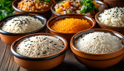 Colorful assortment of rice varieties in clay bowls atop a rustic wooden surface