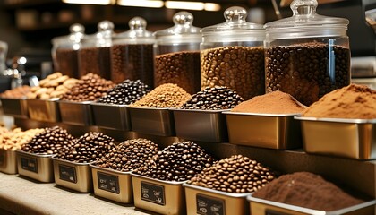 Wall Mural - Variety of Roasted Coffee Beans in Display Containers on a Rustic Counter