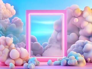 Aufkleber - Three-dimensional render, abstract minimal background, neon pink blue light square frame with copy space, illuminated stormy clouds, glowing geometric shape.