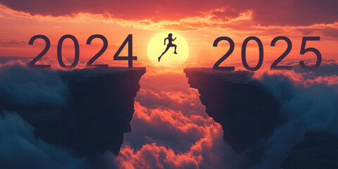 Woman leaps between cliffs marking 2024 and 2025, symbolizing change, growth, and new opportunities as the sun sets