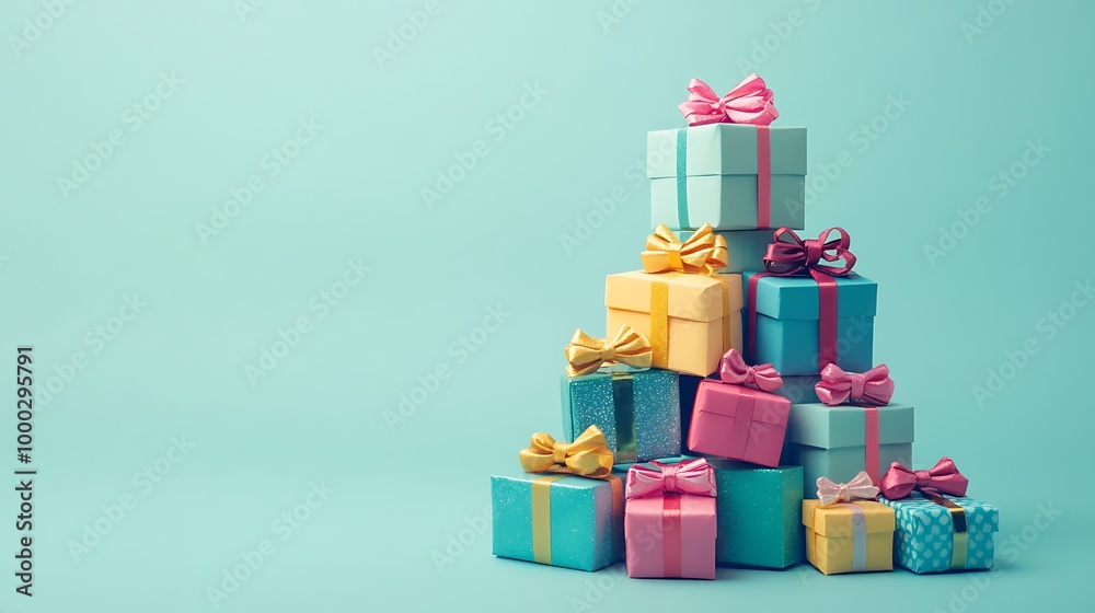 Stack of colorful gift boxes tied with bows, arranged in a pyramid ...