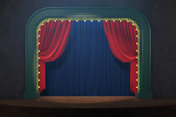 Wall Mural - empty stand-up stage with curtains, spotlights and smoke. empty theater stage.