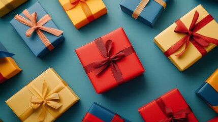 Top view of multiple gift boxes with ribbons, arranged in a flat lay style on a festive surface