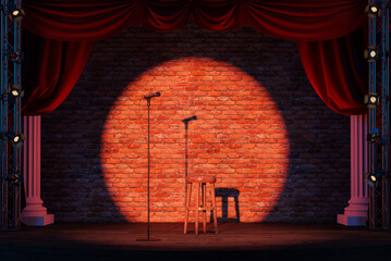 Wall Mural - empty stand-up stage with a microphone and spotlight. 3d illustration