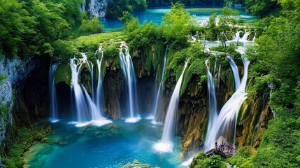 Majestic waterfalls cascading into vibrant turquoise pools surrounded by lush green forest in a serene national park during summer