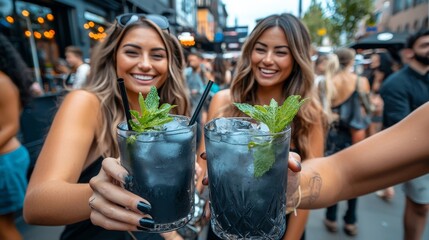 A vibrant outdoor scene where people are enjoying detox drinks infused with activated charcoal, garnished with fresh herbs