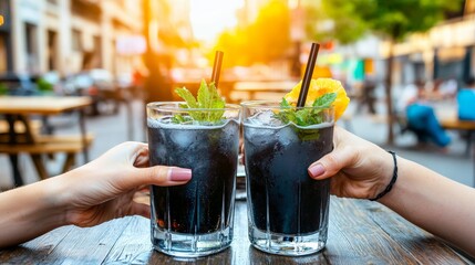 A vibrant outdoor scene where people are enjoying detox drinks infused with activated charcoal, garnished with fresh herbs