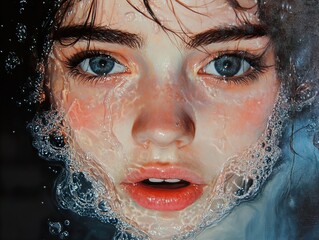 Wall Mural - Close-Up Portrait of a Woman Underwater with Bubbles