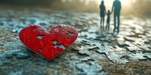 A red heart puzzle piece symbolizes love and connection. Softly blurred figures of a family stand together in the background. This image conveys warmth, togetherness, and hope. AI