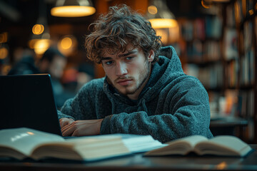 Sticker - A young adult studying at a desk with books and a laptop, representing education and self-improvement.