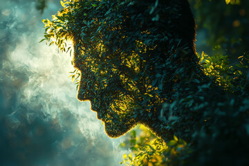 Wall Mural - a tranquil forest where the trees morph into human silhouettes, representing the interconnectedness 