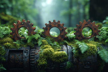 Poster - A series of gears and mechanical parts seamlessly merging into a lush, green forest, symbolizing the integration of technology and nature.