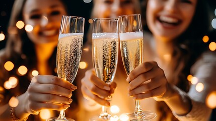 Group of friends celebrating the arrival of 2025, holding glasses of champagne and cheering