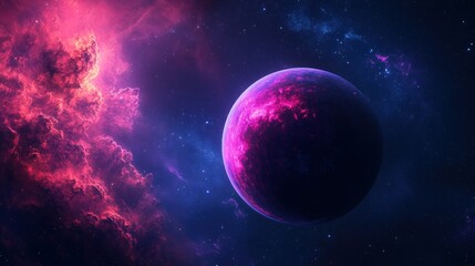 Poster - A Single Planet in a Starry Night Sky with Pink Nebula