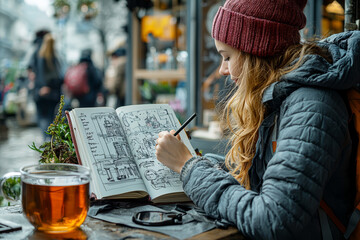 Poster - a person sketching in a notebook with a cup of tea nearby, representing creativity and contemplation