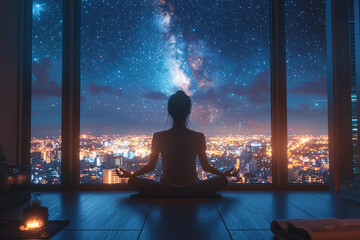 Poster - a person sitting in a meditation pose in front of a window with a view of a starry night, symbolizin