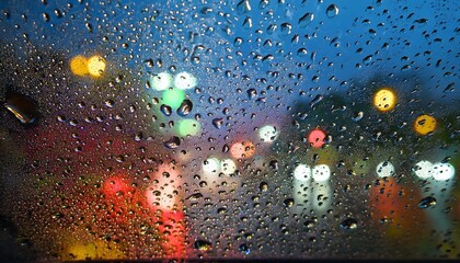 Wall Mural - Water drops on a glass with blurred city lights in the background
