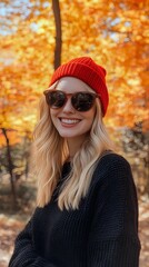 Sticker - A blonde woman wearing sunglasses and a red beanie is smiling in front of autumn trees