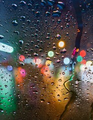 Wall Mural - Water drops on a glass with blurred city lights in the background