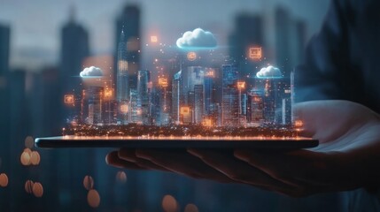 Smart city concept with real skyscrapers layout with glowing digital cloud technology icons on digital tablet screen that carrying businessman hand on blurry megapolis city background
