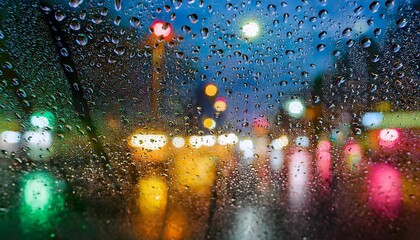 Wall Mural - Water drops on a glass with blurred city lights in the background