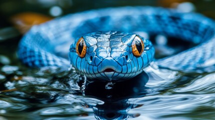 Blue Snake with Orange Eyes in Water