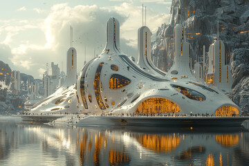 Poster - a futuristic city skyline with buildings shaped like musical instruments, representing the integrati