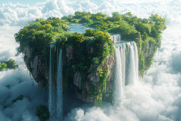 Wall Mural - a dreamlike landscape with a floating island covered in lush greenery and waterfalls cascading into 
