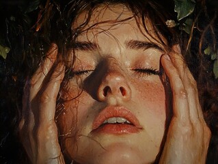 Wall Mural - Close-Up Portrait of a Woman with Eyes Closed and Wet Hair