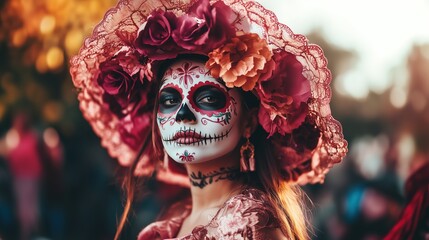 Woman with sugar skull make up Dia de los muertos, Mexican day of the dead celebrating concept