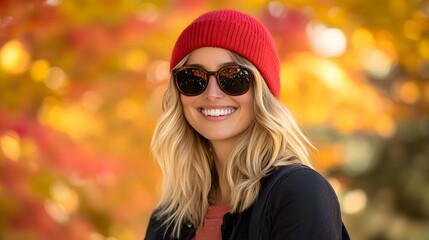 Sticker - A blonde woman wearing sunglasses and a red beanie is smiling in front of autumn trees