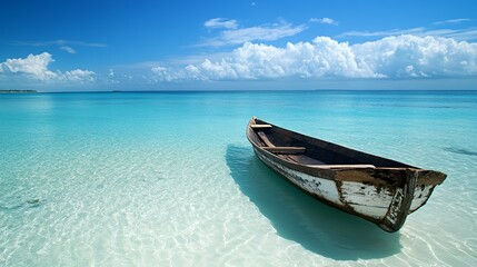 A wooden boat on the turquoise water of a tropical beach with a blue sky and white clouds in the background.