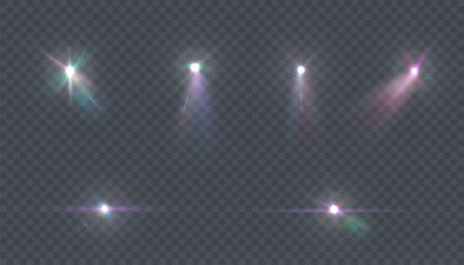 Aufkleber - Set of bright spotlight. Isolated on transparent background. Sun flare with rays and glare on transparent background. Bright glow light effect. Vector