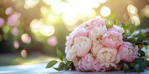 Sticker - This beautiful bouquet features soft pink peonies and lush green leaves. The composition is warm and inviting. Ideal for weddings or floral decor. Capture the elegance of nature. AI