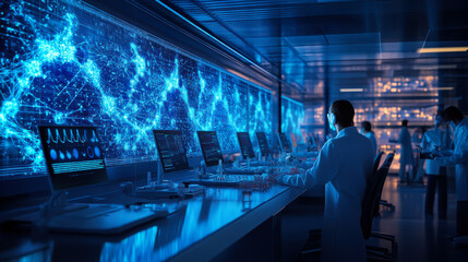 Poster - researchers analyze data in a modern laboratory with glowing screens and blue light highlighting the