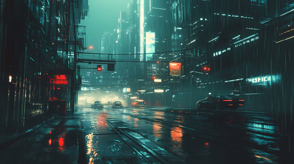 Sticker - Cyberpunk streets illustration, futuristic city, dystoptic artwork at night, wallpaper. rain foggy, moody empty future. Digital Rain. Illustration