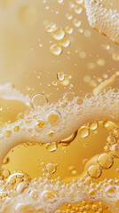 Close-up of bubbles rising in golden beverage, illuminated by soft light