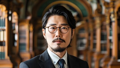 Wall Mural - Sophisticated portrait of a dapper Korean man in a suit, showcasing his formal style and smooth demeanor in an elegant ancient library setting