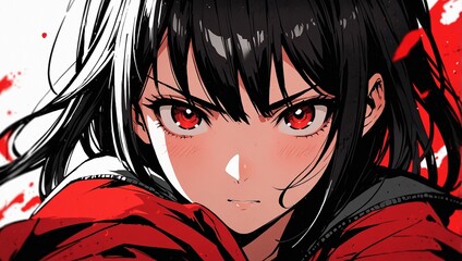 Wall Mural - A beautiful serious anime girl. Bright appearance, red and black colors. Dynamic wallpaper.