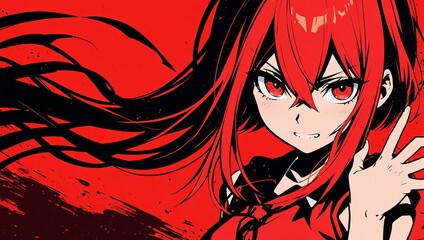 Wall Mural - A beautiful serious anime girl. Bright appearance, red and black colors. Dynamic wallpaper.