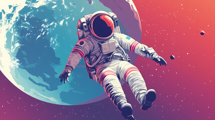 Wall Mural - astronaut floating in zero gravity space with earth reflection, detail of spacesuit. zero gravity. i