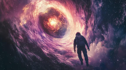Wall Mural - Astronaut in deep universe, traveling trought time and space, planet and cosmos background interstellar concept, generative ai. Deep Space Travel. Illustration