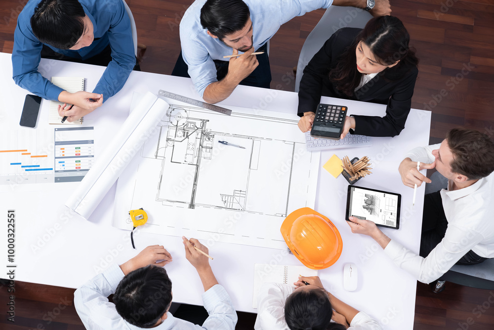 Top view banner of diverse group of civil engineer and client working ...