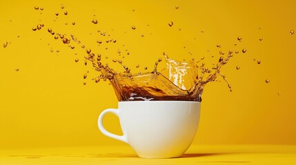 A splash of coffee in a white cup with a vibrant yellow background in motion